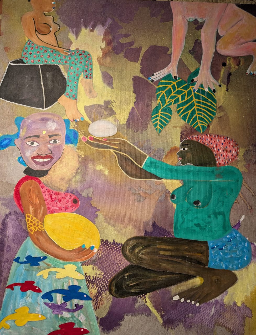 Rituel autour d’un accouchement difficile, 2025, Acrylique sur toile, 100 × 80 cm, par Setonou Djédatin